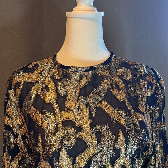 WOMENS SZ XL DBN METALLIC LOOK BLACK & GOLD LONG SLEEVE EVENING WEAR BLOUSE - Picture 3 of 7